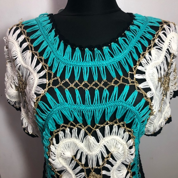 Crotchet Missshop Knit Top Beautiful Size Large Sheer Macramé Crochet cover up - Picture 3 of 8